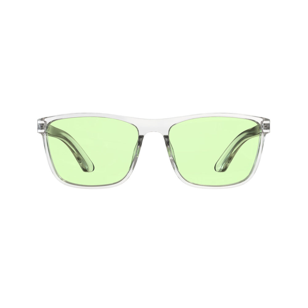 A Front view of Gloojo Sun Boost Wayfarer Green Lens Screen Glasses – Clear