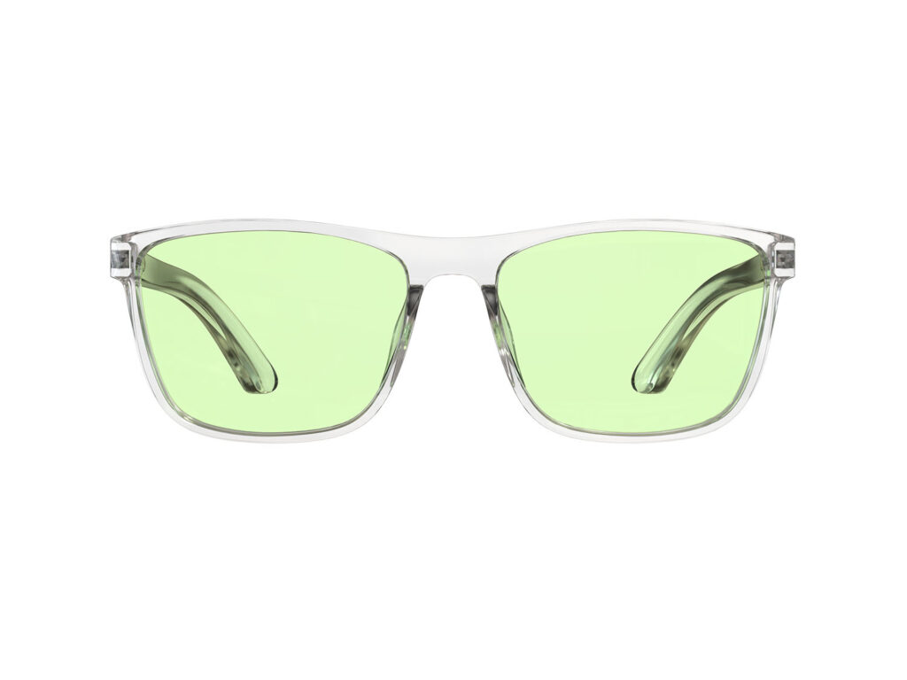 A Front view of Gloojo Sun Boost Wayfarer Green Lens Screen Glasses – Clear