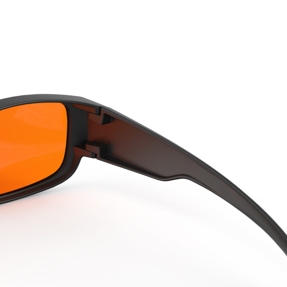 A Hinge closeup of Gloojo Night Ease Rectangular Fitover Orange Sleep Glasses-black