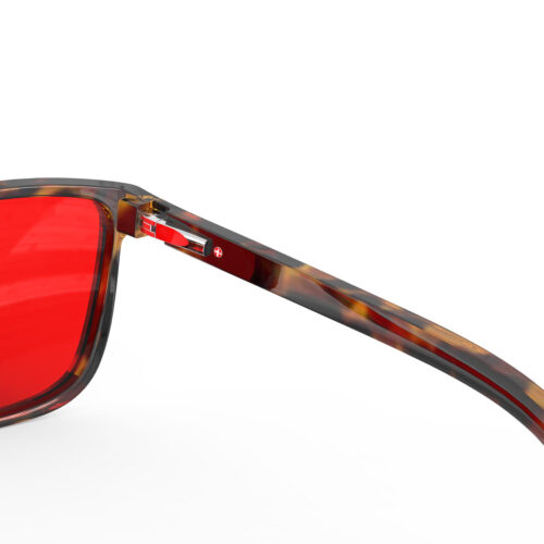 A Hinge closeup of Gloojo Night Ease Wayfarer Red Lens Glasses for sleep-Tortoiseshell
