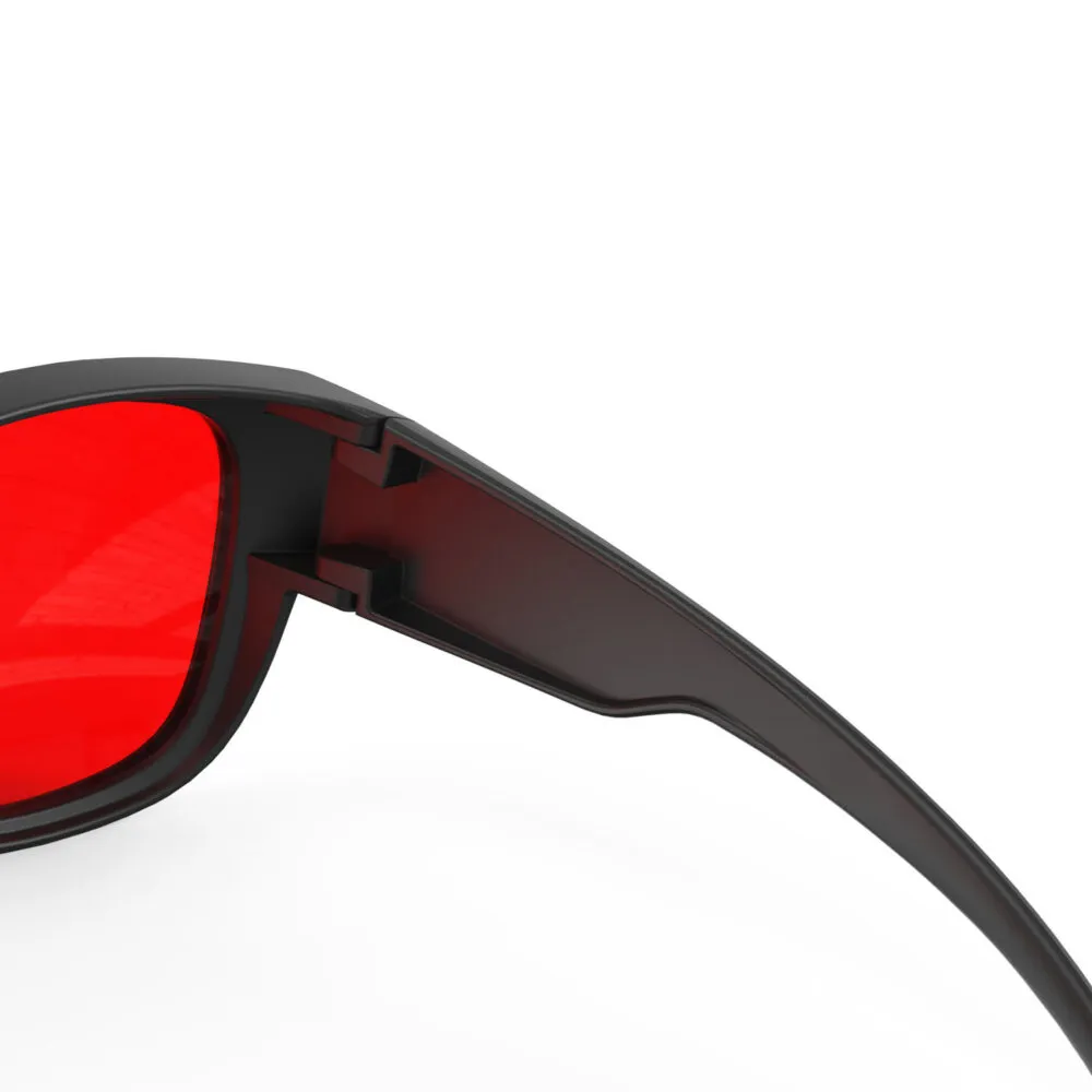 A Hinge closeup view of Gloojo Night Ease Square Fitover Red lens sleep glasses - Black