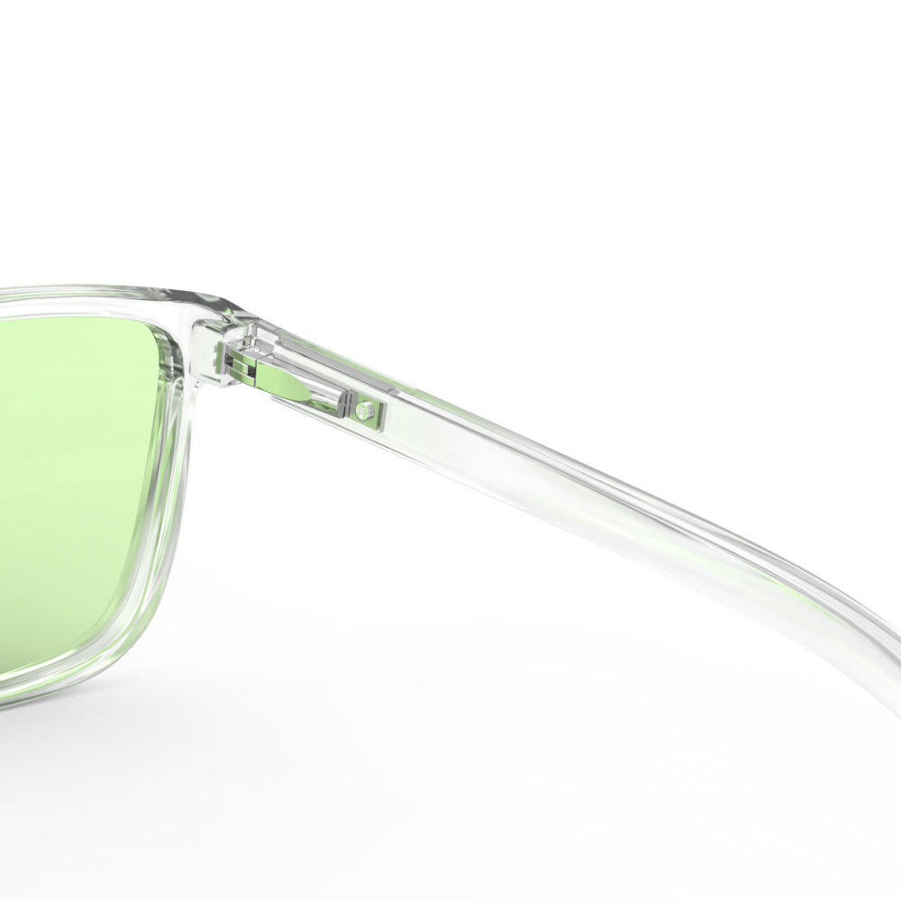 A Hinge closeup view of Gloojo Sun Boost Wayfarer Green Lens Glasses – Clear
