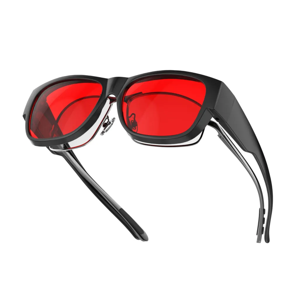 A Left side view of Gloojo Night Ease Square Fitover Red lens sleep glasses - Black