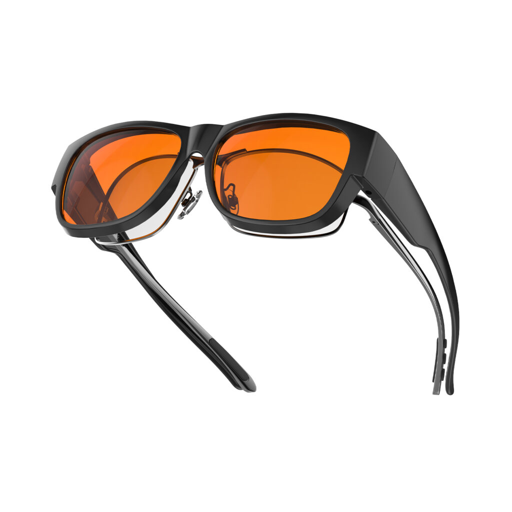 A Left view of Gloojo Night Ease Orange Lens Square Fitover Sleep Glasses-black