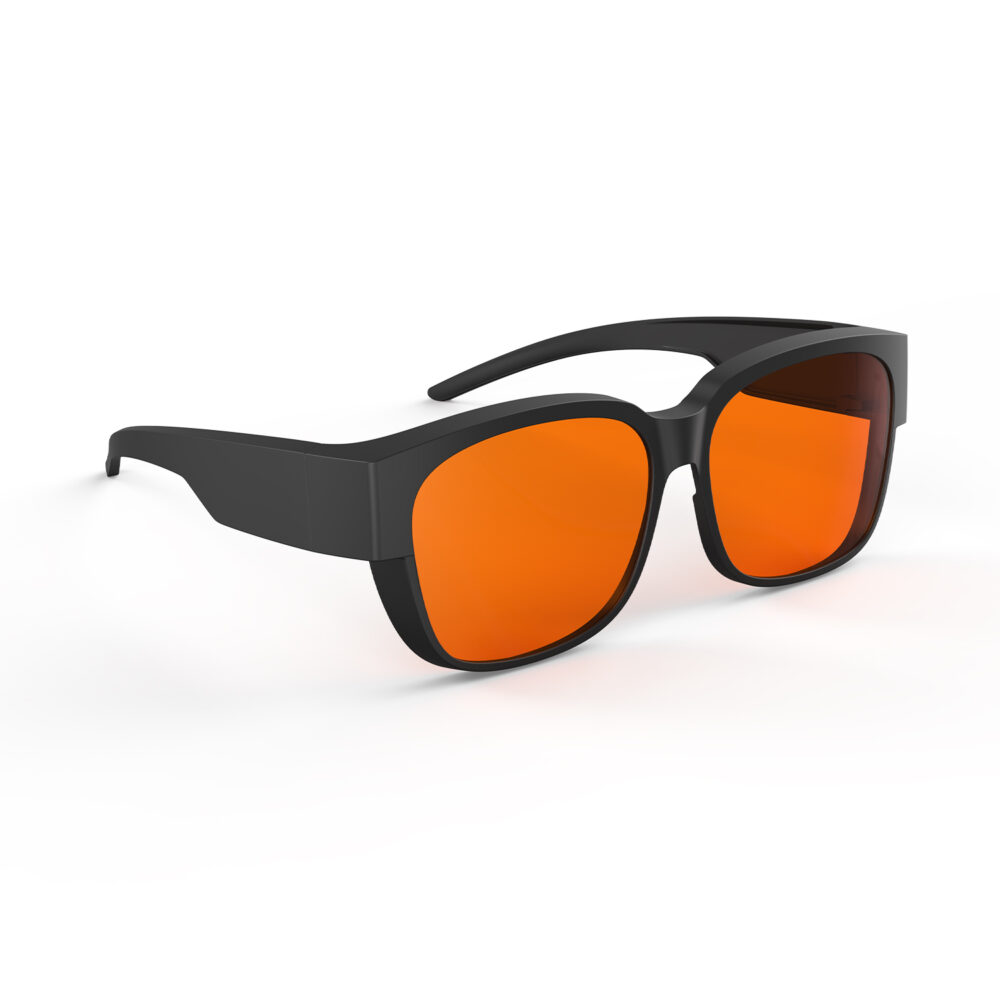 A Right Side view of Gloojo Night Ease Large Square Fitover Orange Sleep Glasses-black