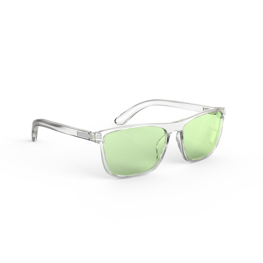 A Right side view of Gloojo Sun Boost Wayfarer Green Lens Screen Glasses – Clear