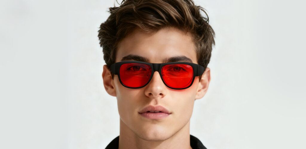 Man wearing Night Ease™ Square Fitover red lens glasses for sleep, showing front view of stylish black frame and deep red lenses
