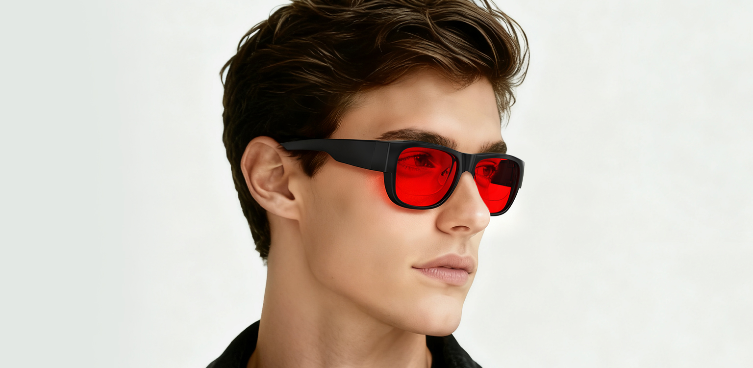 Side view of Night Ease™ Square Fitover red lens glasses, highlighting wraparound design and comfortable fit for nighttime use
