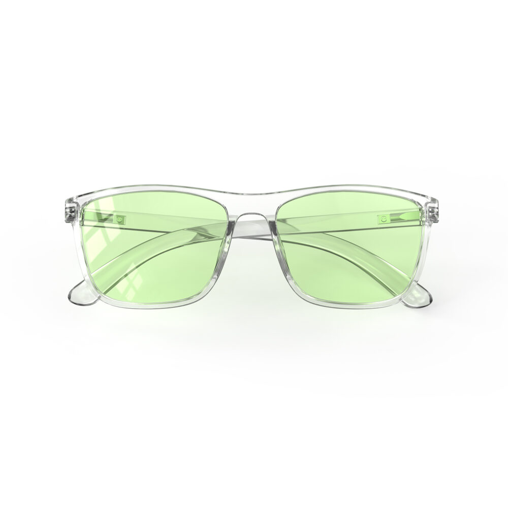 The Folded front view of Gloojo Sun Boost Wayfarer Green Lens Screen Glasses – Clear