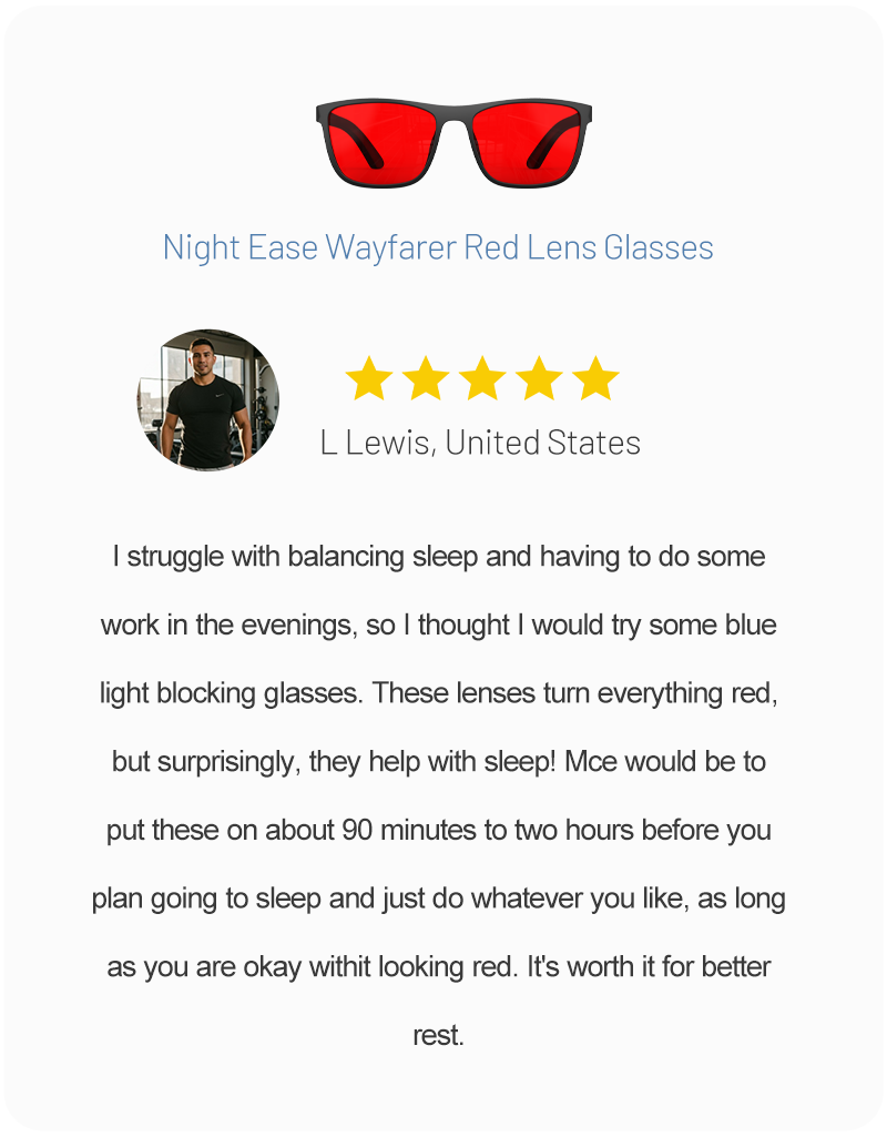 Customer review from L Lewis, US, describing how Night Ease Wayfarer Red Lens Glasses improve sleep when worn 90 minutes before bedtime, improve sleep, despite the red tint