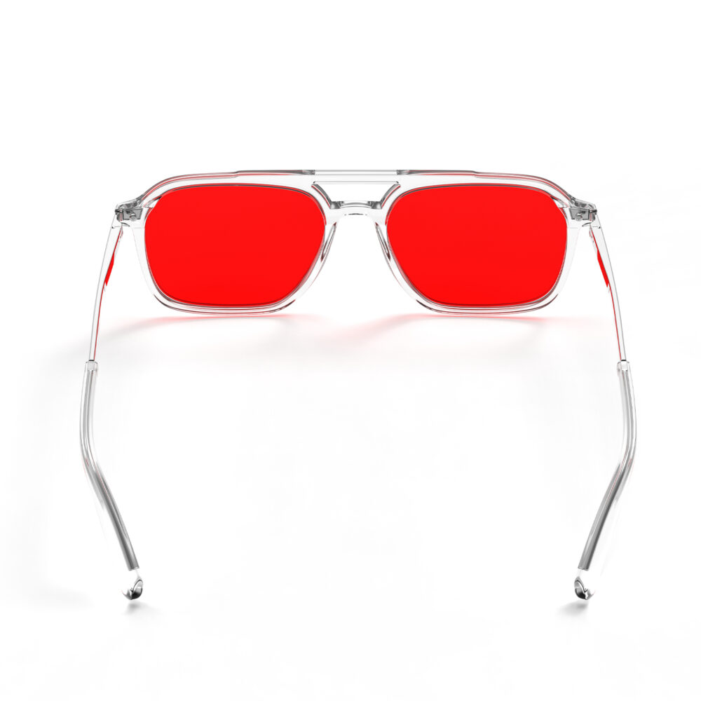 A Back view of Gloojo Night Ease Oval Aviator Red Lens Glasses for Night-Clear Silver