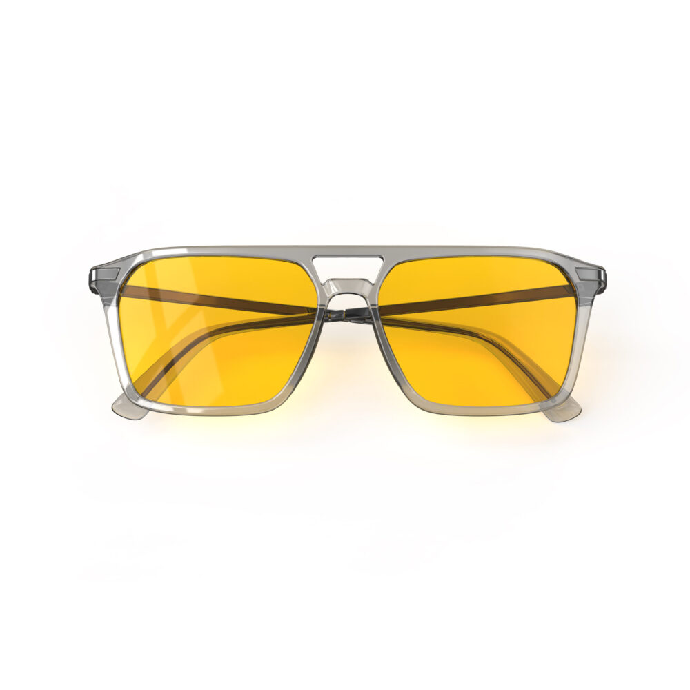 A Folded front view of Gloojo AmberShield Amber Lens Square Aviator Light Sensitivity Glasses – Grey Gunmetal A Folded front view of Gloojo AmberShield Amber Lens Square Aviator Light Sensitivity Glasses – Grey Gunmetal