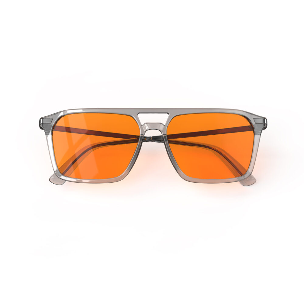 A Folded front view of Gloojo Night Ease Orange Lens Square Aviator Sleep Glasses – Grey Gunmetal