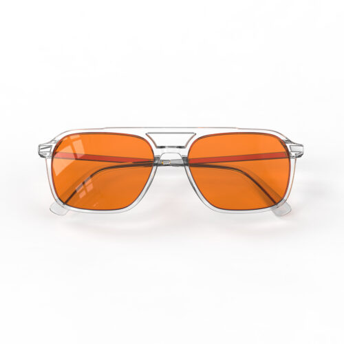 A Folded front view of Gloojo Night Ease Oval Aviator Orange Lens Glasses for Night-Clear Silver