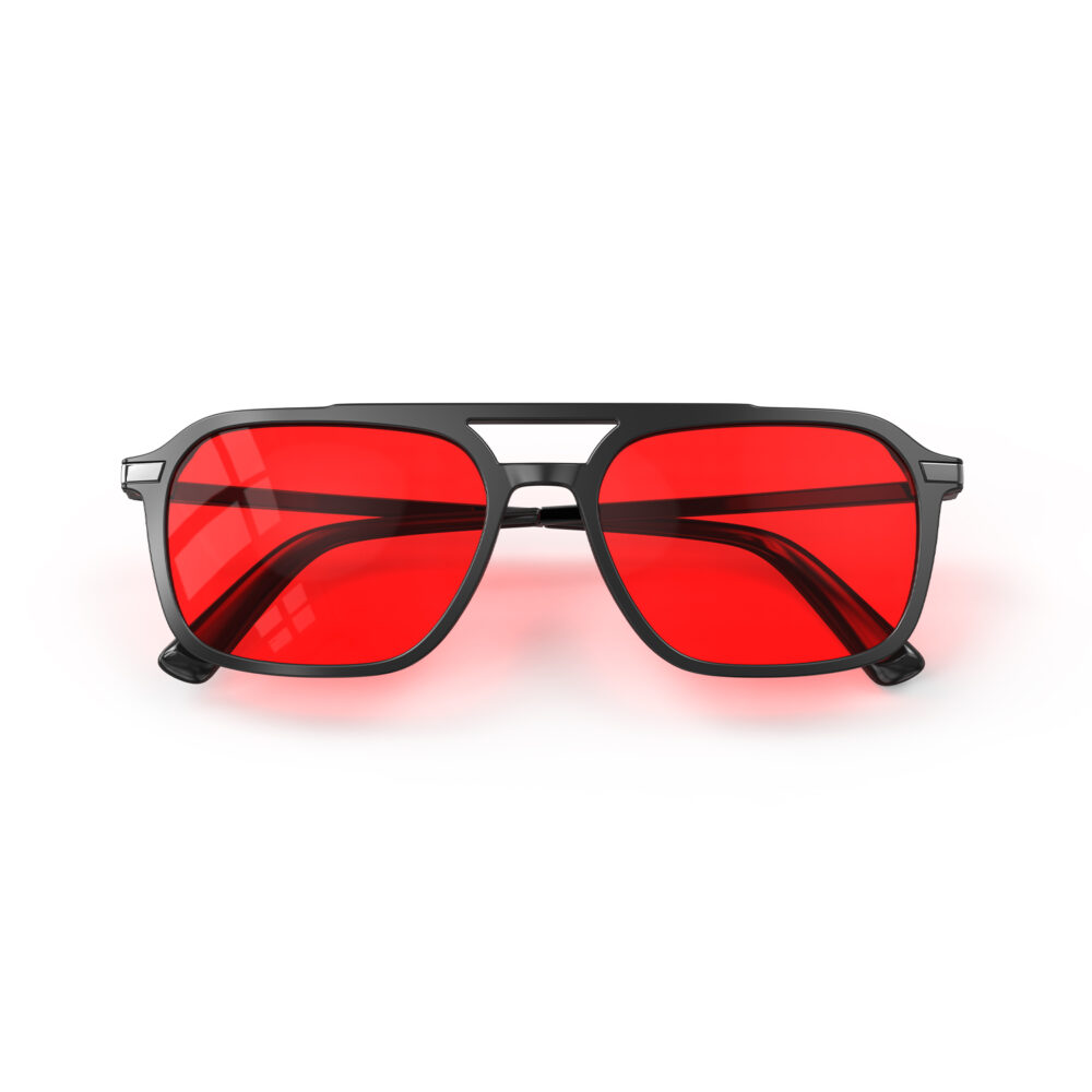 A Folded front view of Gloojo Night Ease Oval Aviator Red Lens Glasses for Night-Black Gunmetal
