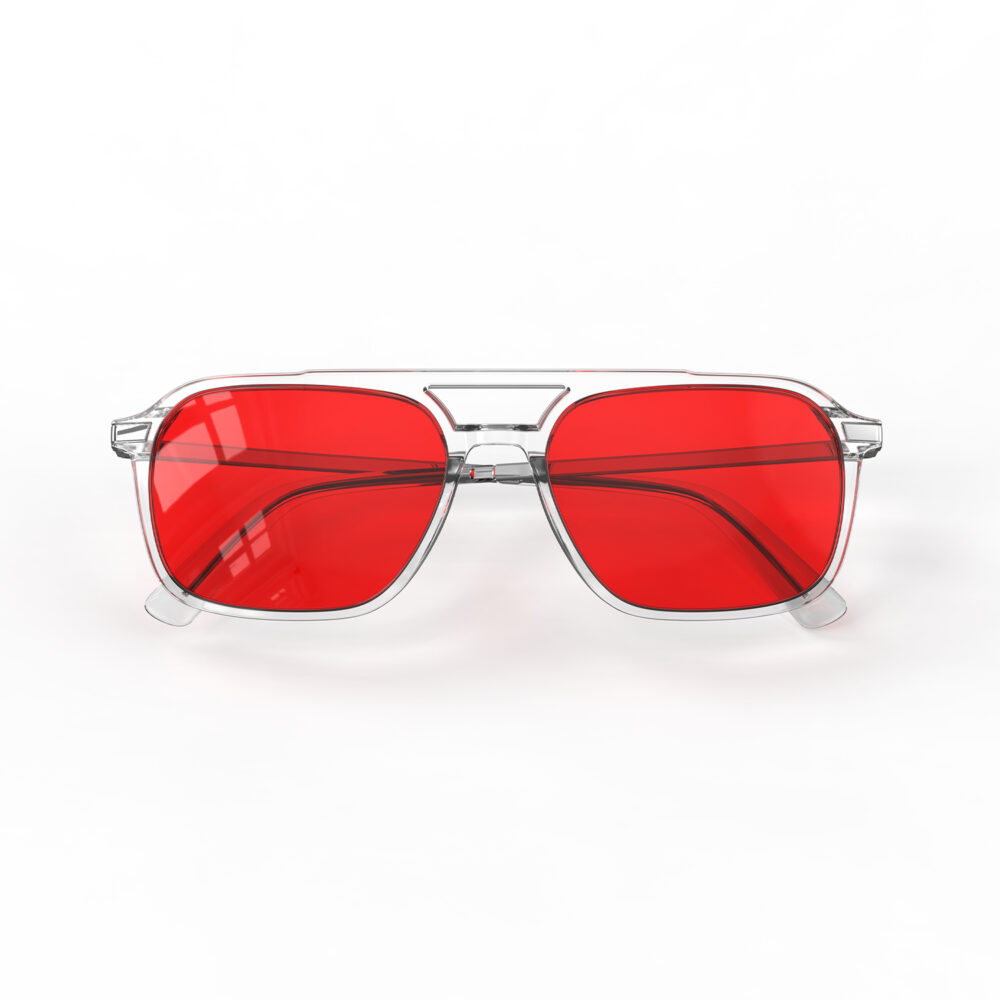 A Folded front view of Gloojo Night Ease Oval Aviator Red Lens Glasses for Night-Clear Silver
