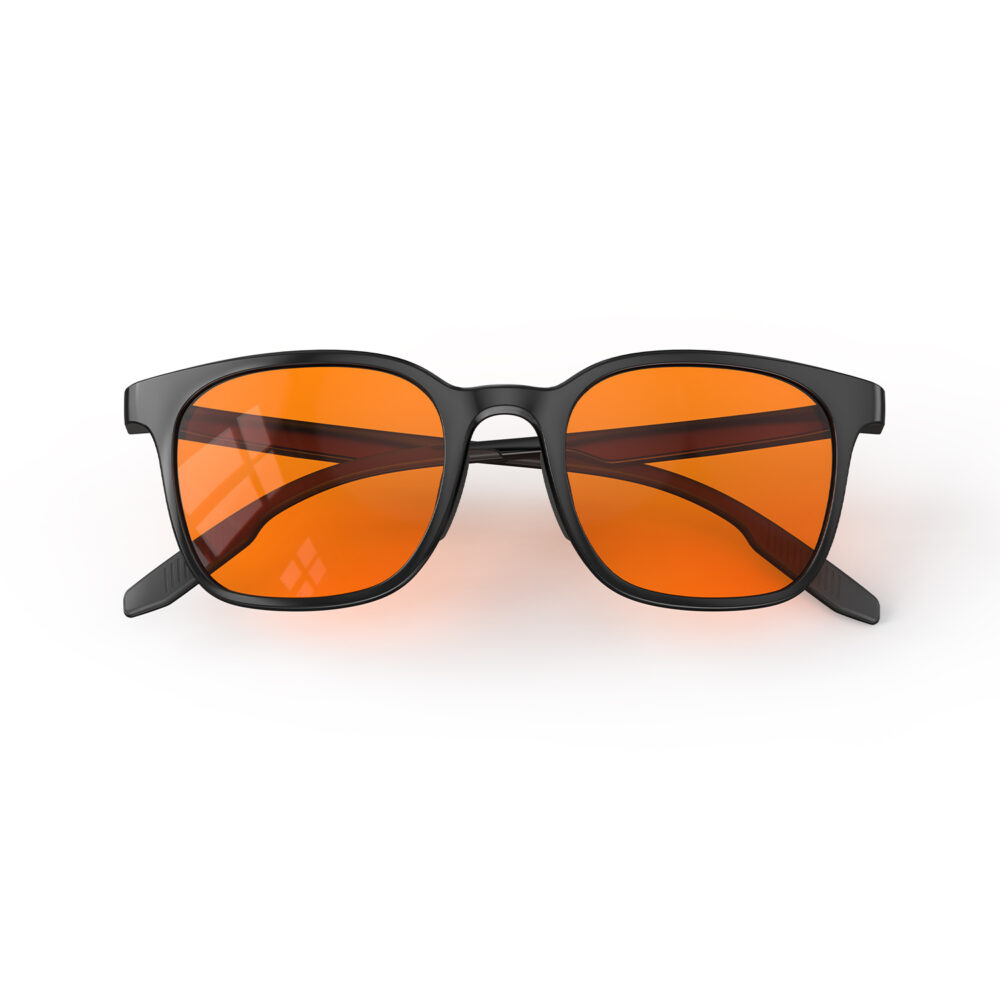 A Folded front view of Gloojo Night Ease Rounded Square Orange lens glasses for sleep - Black