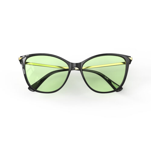 A Folded front view of Gloojo Sun Boost Cat Eye Green Lens Screen Glasses – Black Gold