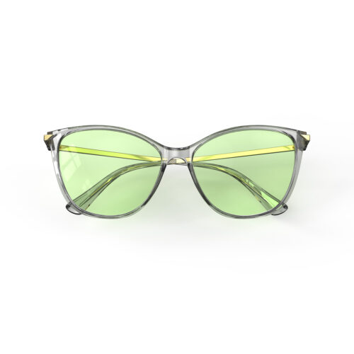 A Folded front view of Gloojo Sun Boost Cat Eye Green Lens Screen Glasses – Grey Gold