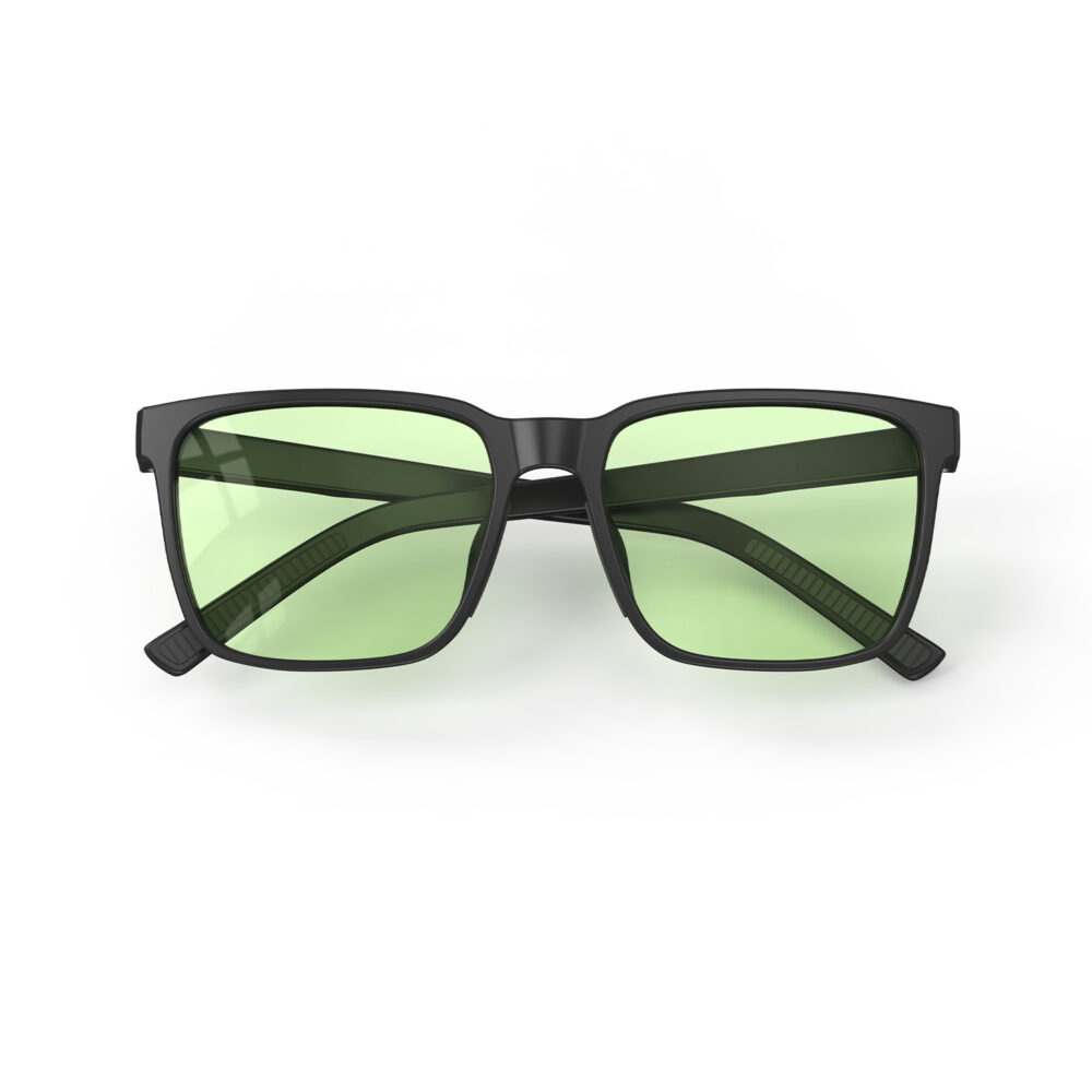 A Folded front view of Gloojo Sun Boost Classic Square Green Lens Screen Glasses – Black