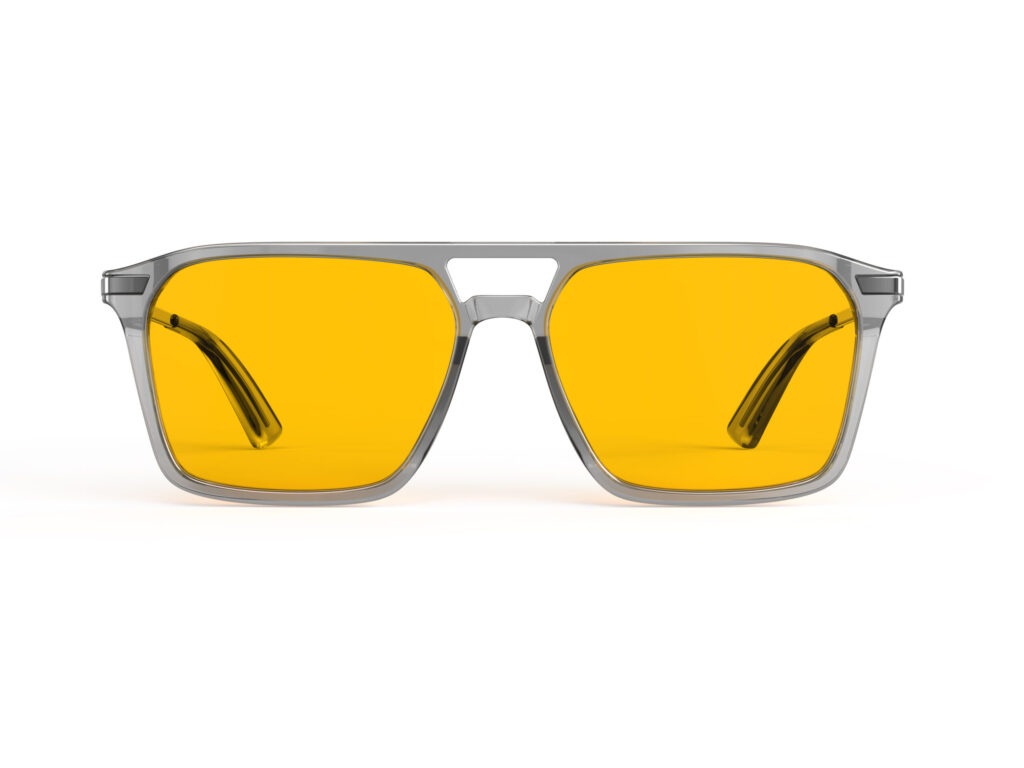 A Front view of Gloojo AmberShield Amber Lens Square Aviator Light Sensitivity Glasses – Grey Gunmetal