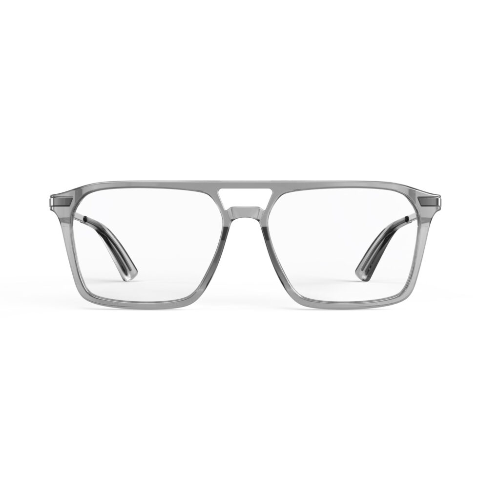 A Front view of Gloojo Clear Pro Transparent Lens Square Aviator Computer and Gaming Glasses – Grey Gunmetal