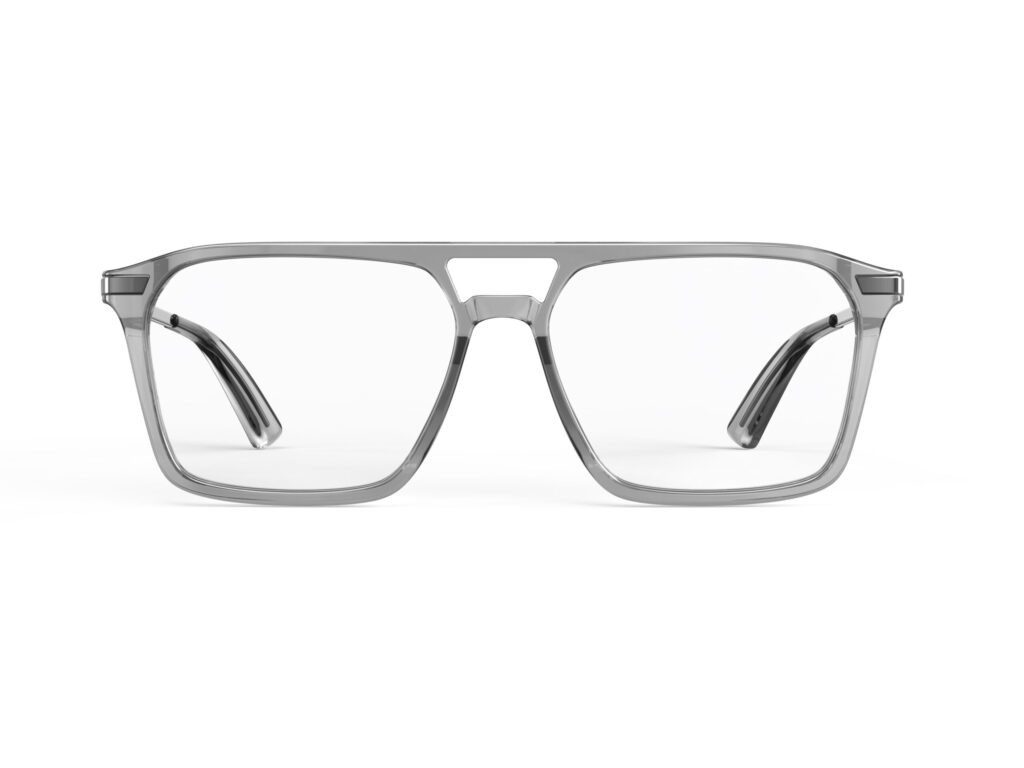 A Front view of Gloojo Clear Pro Transparent Lens Square Aviator Computer and Gaming Glasses – Grey Gunmetal A Front view of Gloojo Clear Pro Transparent Lens Square Aviator Computer and Gaming Glasses – Grey Gunmetal