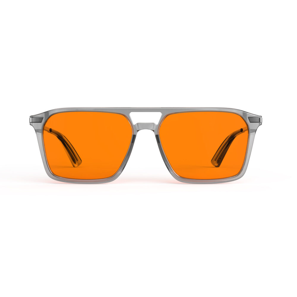 A Front view of Gloojo Night Ease Orange Lens Square Aviator Sleep Glasses – Grey Gunmetal