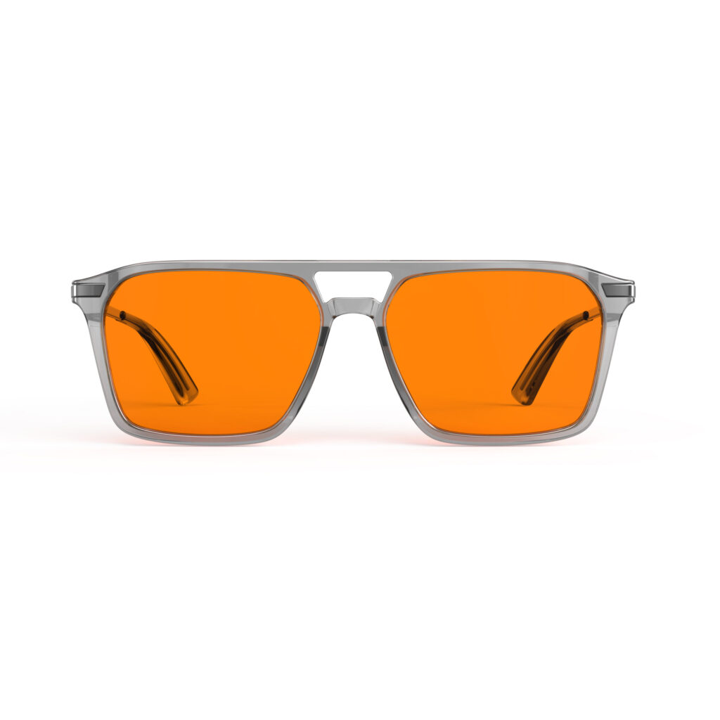 A Front view of Gloojo Night Ease Orange Lens Square Aviator Sleep Glasses – Grey Gunmetal