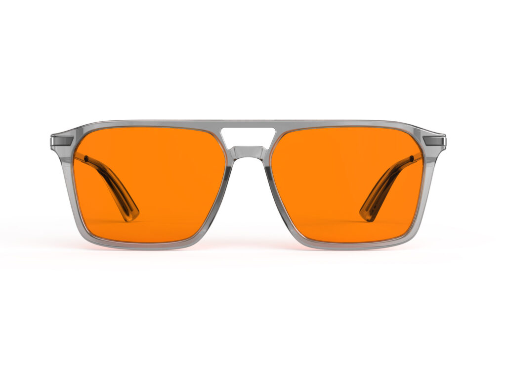 A Front view of Gloojo Night Ease Orange Lens Square Aviator Sleep Glasses – Grey Gunmetal