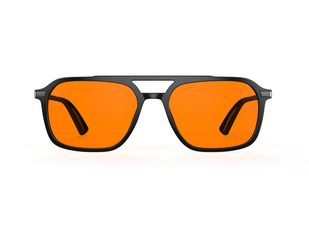 A Front view of Gloojo Night Ease Oval Aviator Orange Lens Glasses for Night-Black Gunmetal
