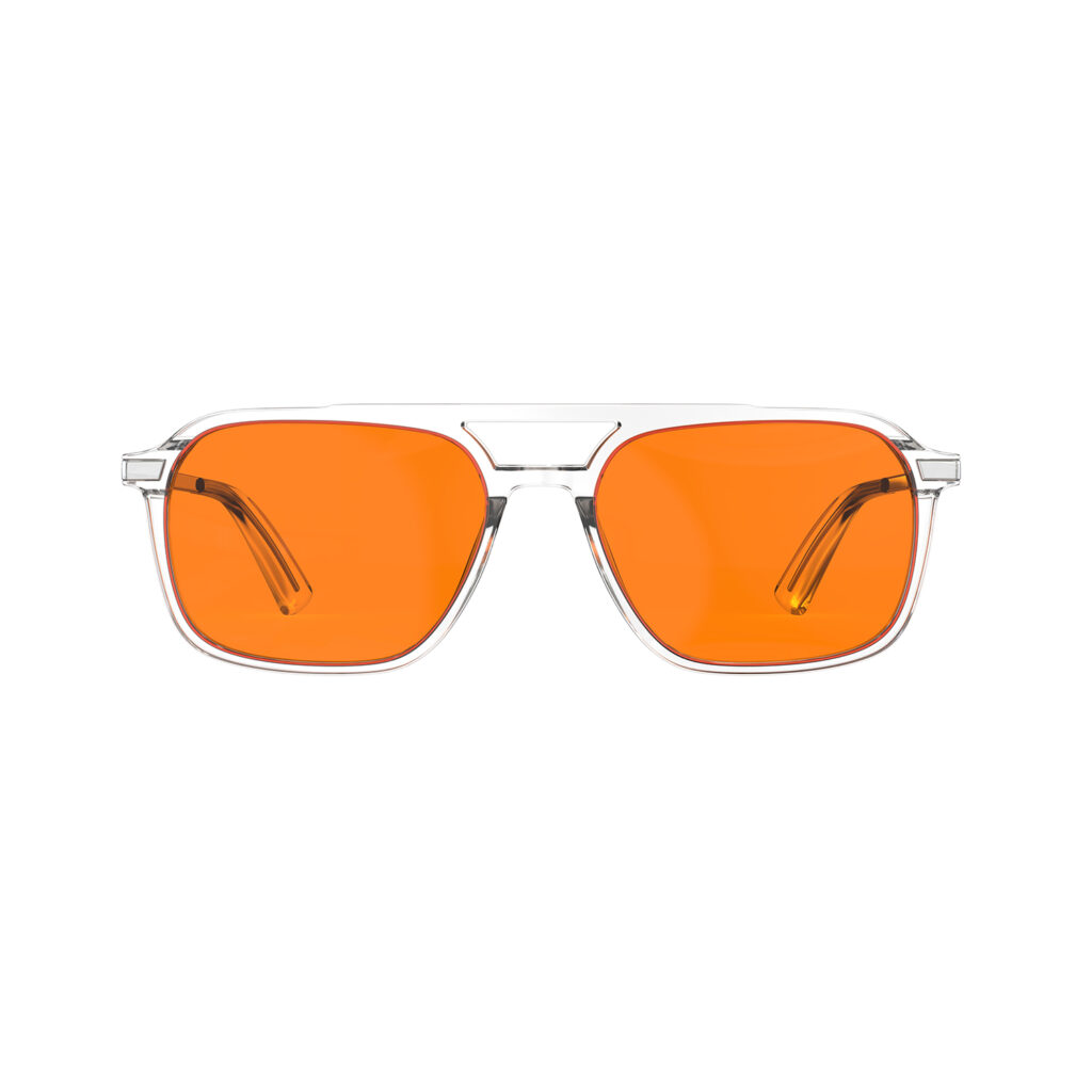 A Front view of Gloojo Night Ease Oval Aviator Orange Lens Glasses for Night-Clear Silver