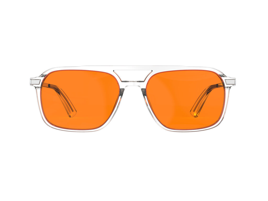 A Front view of Gloojo Night Ease Oval Aviator Orange Lens Glasses for Night-Clear Silver