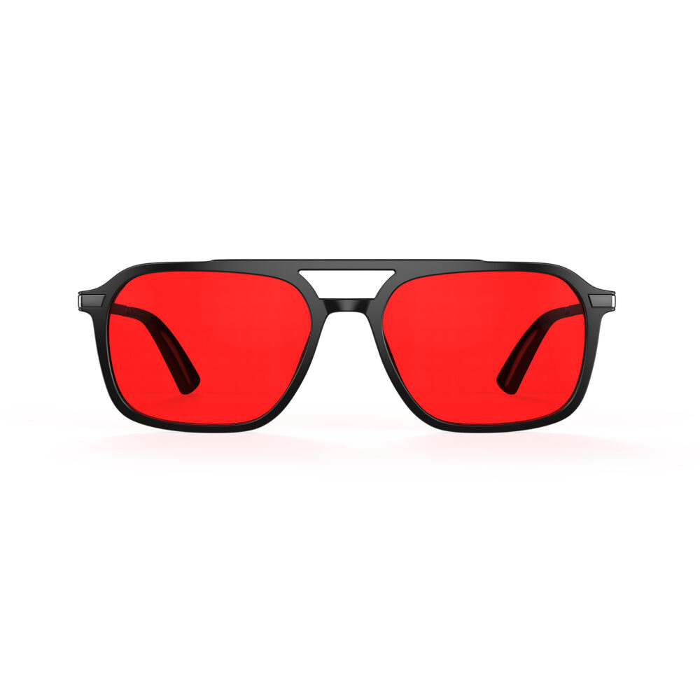 A Front view of Gloojo Night Ease Oval Aviator Red Lens Glasses for Night-Black Gunmetal