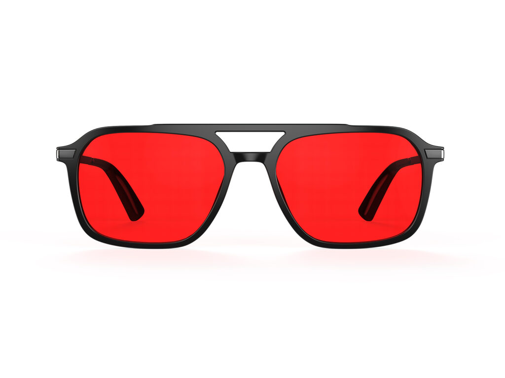 A Front view of Gloojo Night Ease Oval Aviator Red Lens Glasses for Night-Black Gunmetal