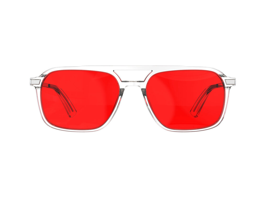A Front view of Gloojo Night Ease Oval Aviator Red Lens Glasses for Night-Clear Silver