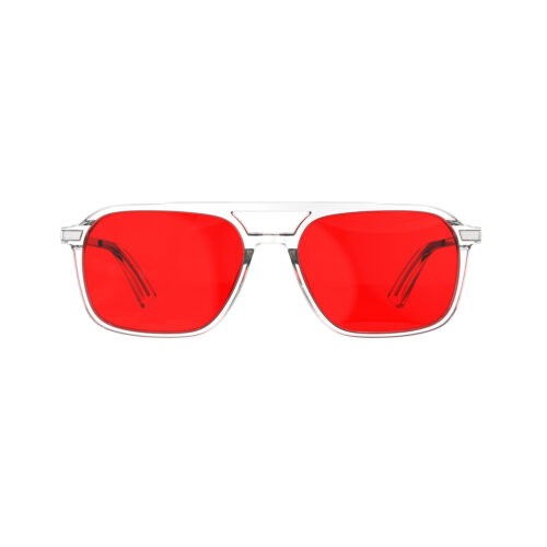A Front view of Gloojo Night Ease Oval Aviator Red Lens Glasses for Night-Clear Silver