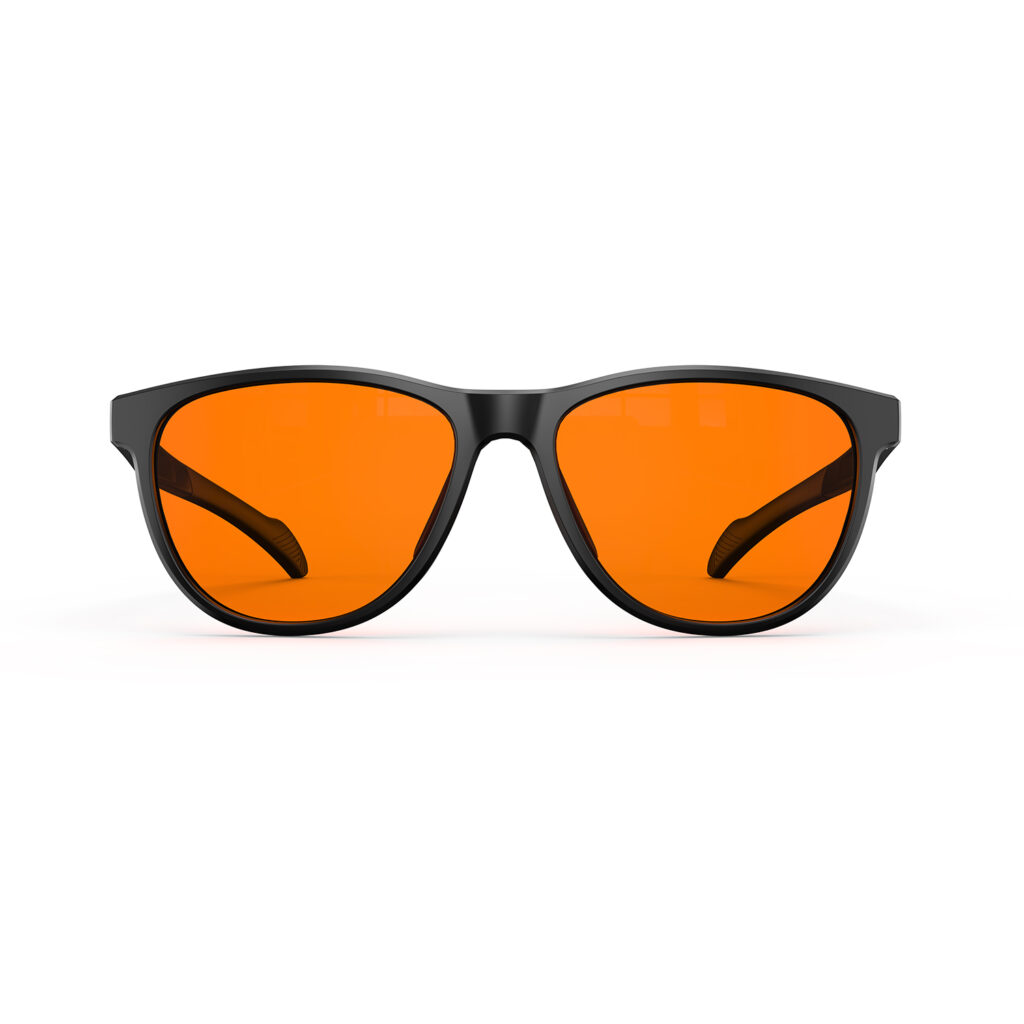 A Front view of Gloojo Night Ease Oval Orange Colored glasses for sleep - Black