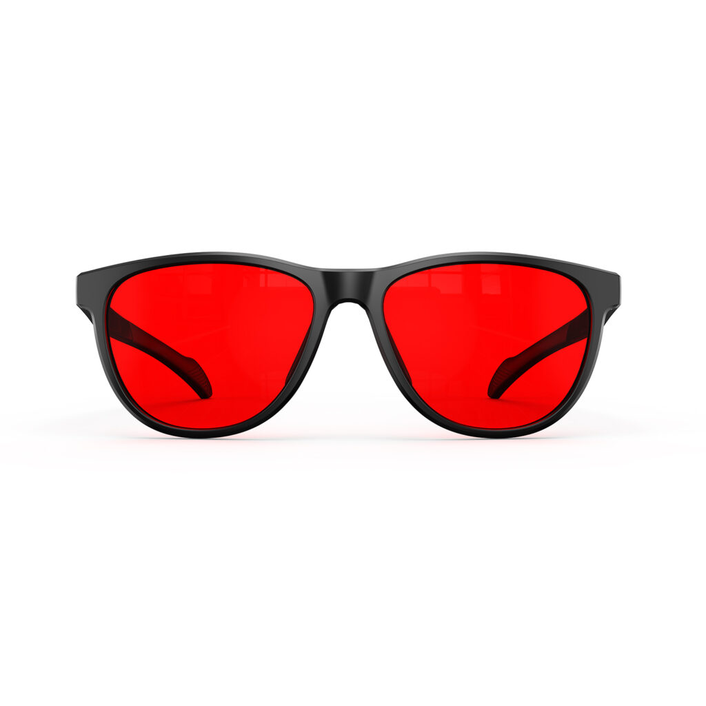 A Front view of Gloojo Night Ease Oval Red Colored Glasses for sleep - Black