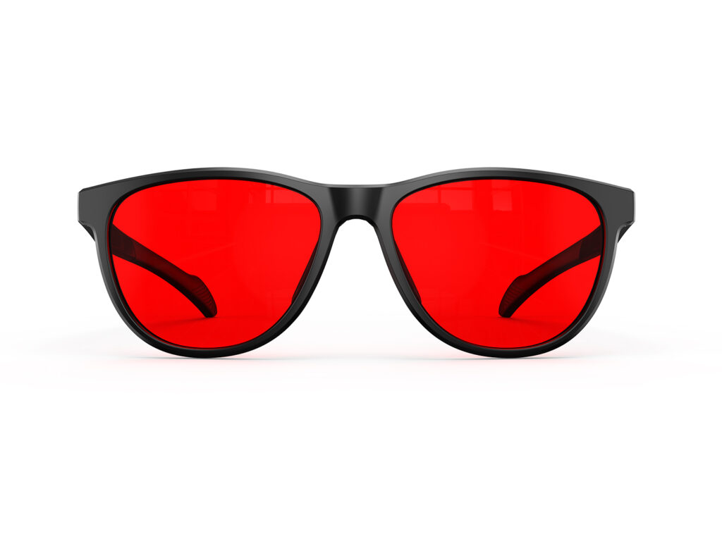 A Front view of Gloojo Night Ease Oval Red Colored Glasses for sleep - Black