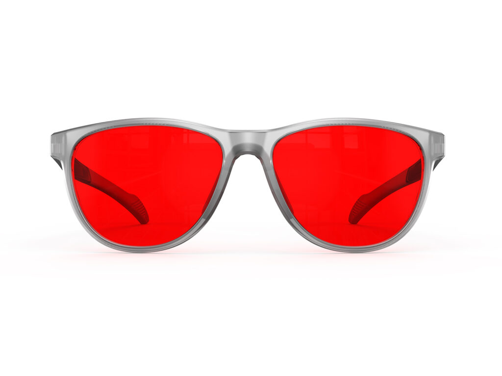 A Front view of Gloojo Night Ease Oval Red Colored Glasses for sleep - Grey