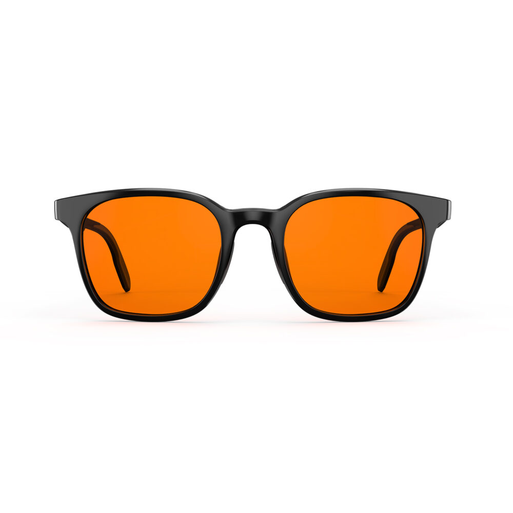 A Front view of Gloojo Night Ease Rounded Square Orange lens glasses for sleep - Black