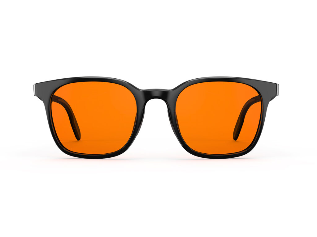 A Front view of Gloojo Night Ease Rounded Square Orange lens glasses for sleep - Black