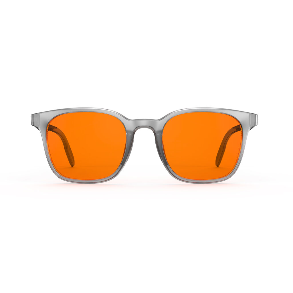 A Front view of Gloojo Night Ease Rounded Square Orange lens glasses for sleep - Grey