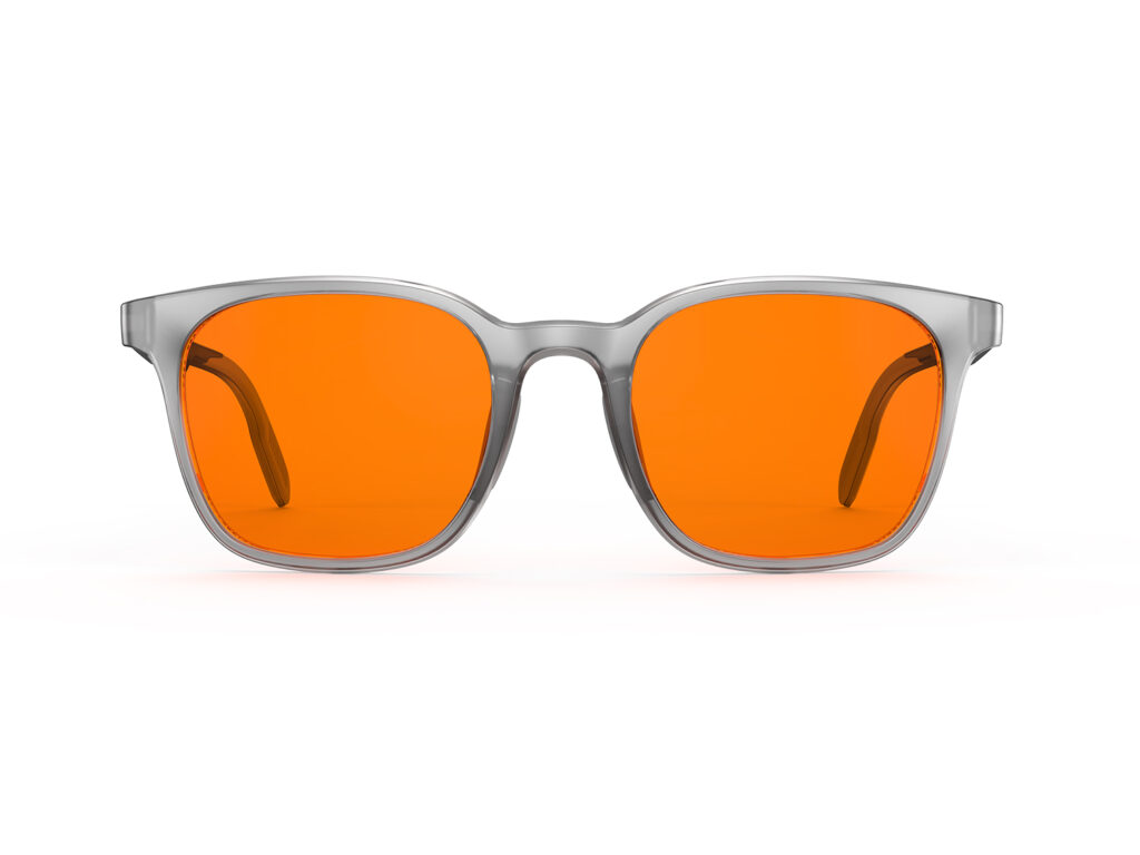 A Front view of Gloojo Night Ease Rounded Square Orange lens glasses for sleep - Grey