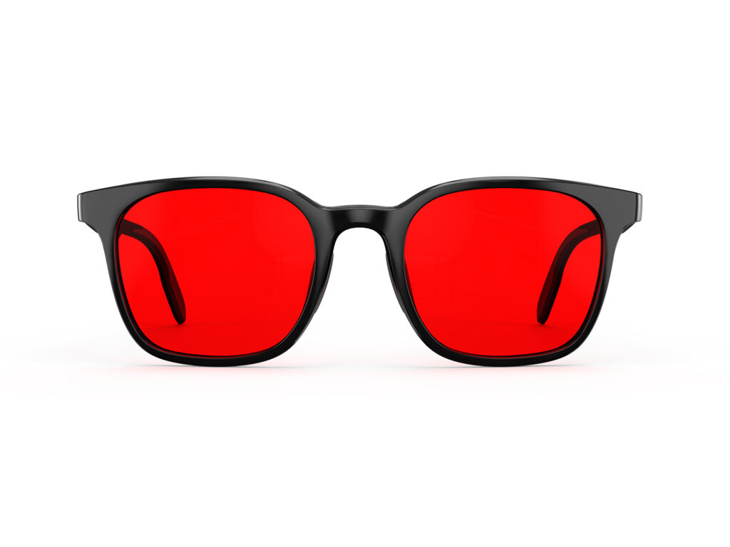 A Front view of Gloojo Night Ease Rounded Square Red Tinted Glasses for sleep - Black