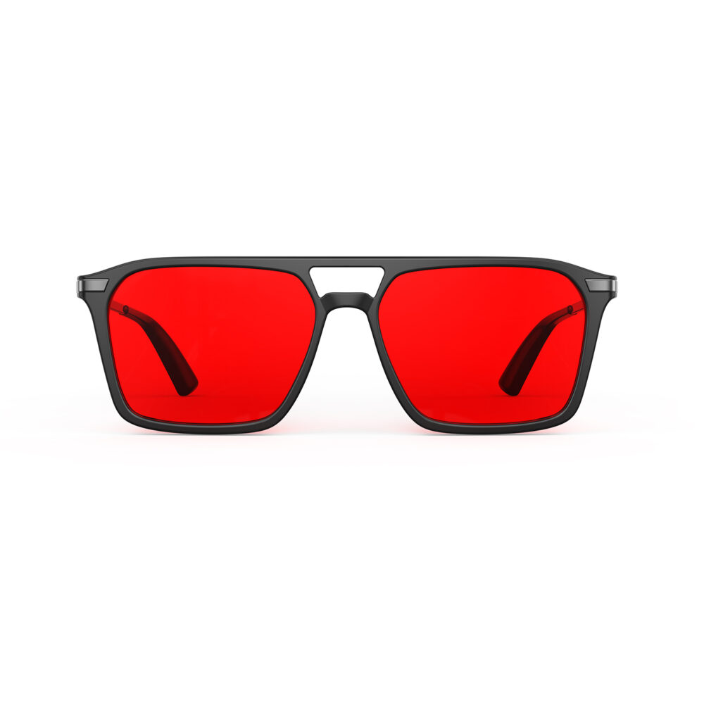 A Front view of Gloojo Night Ease Square Aviator Red Lens Glasses for Night-Black Gunmetal