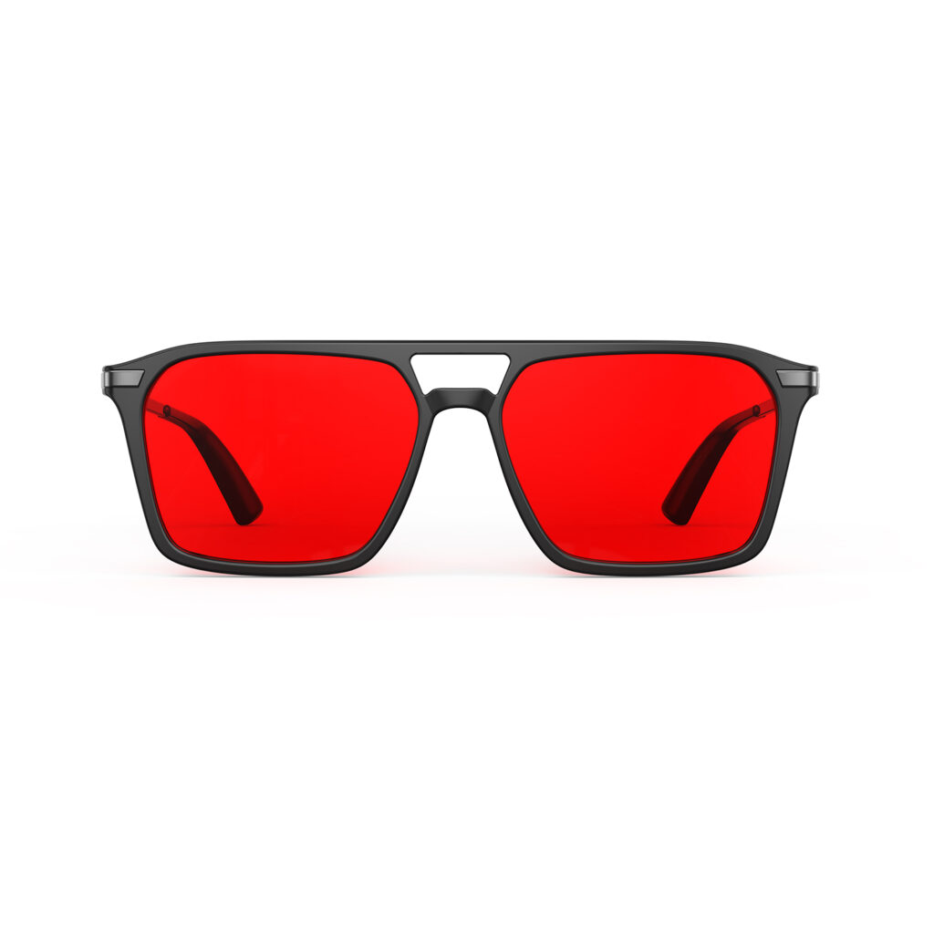 A Front view of Gloojo Night Ease Square Aviator Red Lens Glasses for Night-Black Gunmetal