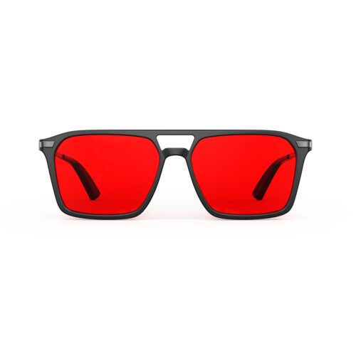 A Front view of Gloojo Night Ease Square Aviator Red Lens Glasses for Night-Black Gunmetal