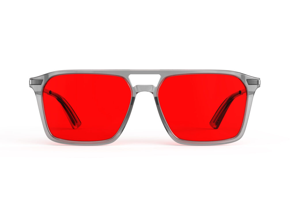 A Front view of Gloojo Night Ease Square Aviator Red Lens Glasses for Night-Grey Gunmetal